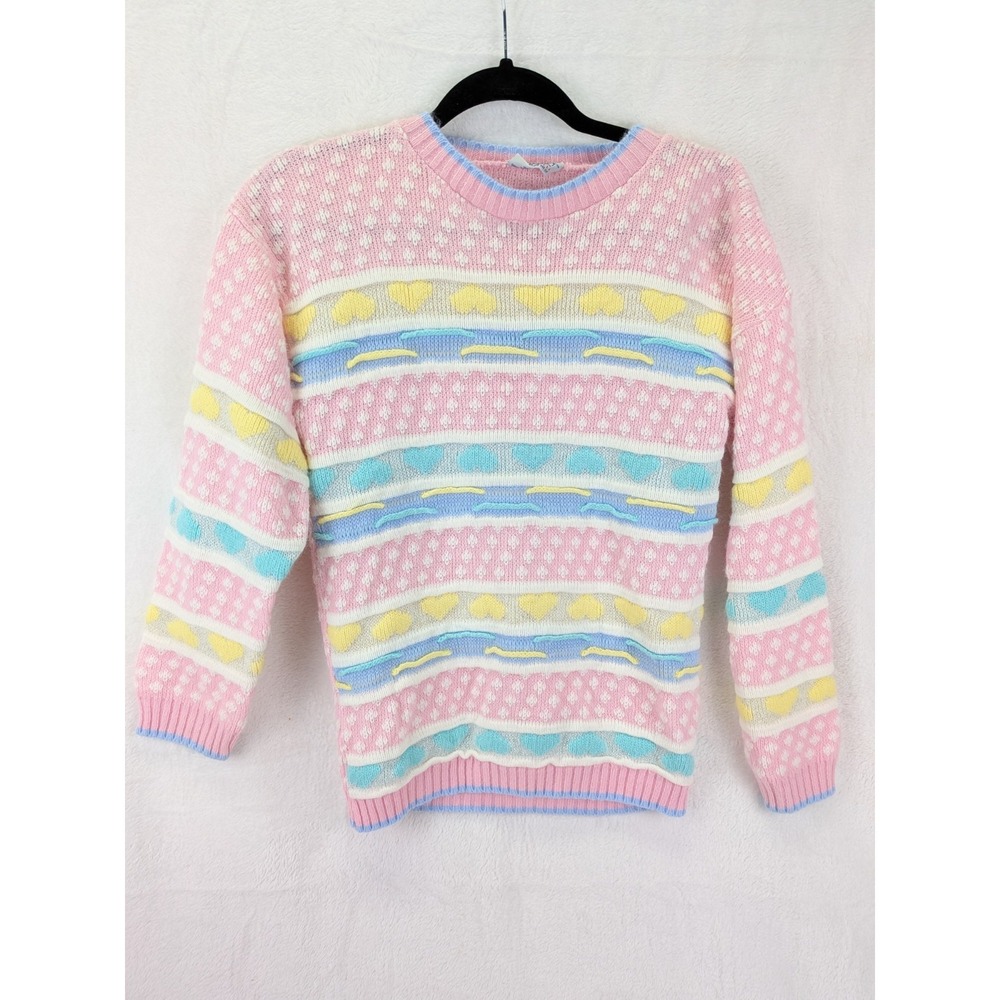 Vintage 80s Pastel Knit Sweater Women Small Pink Hearts Glitter Kawaii Kidcore